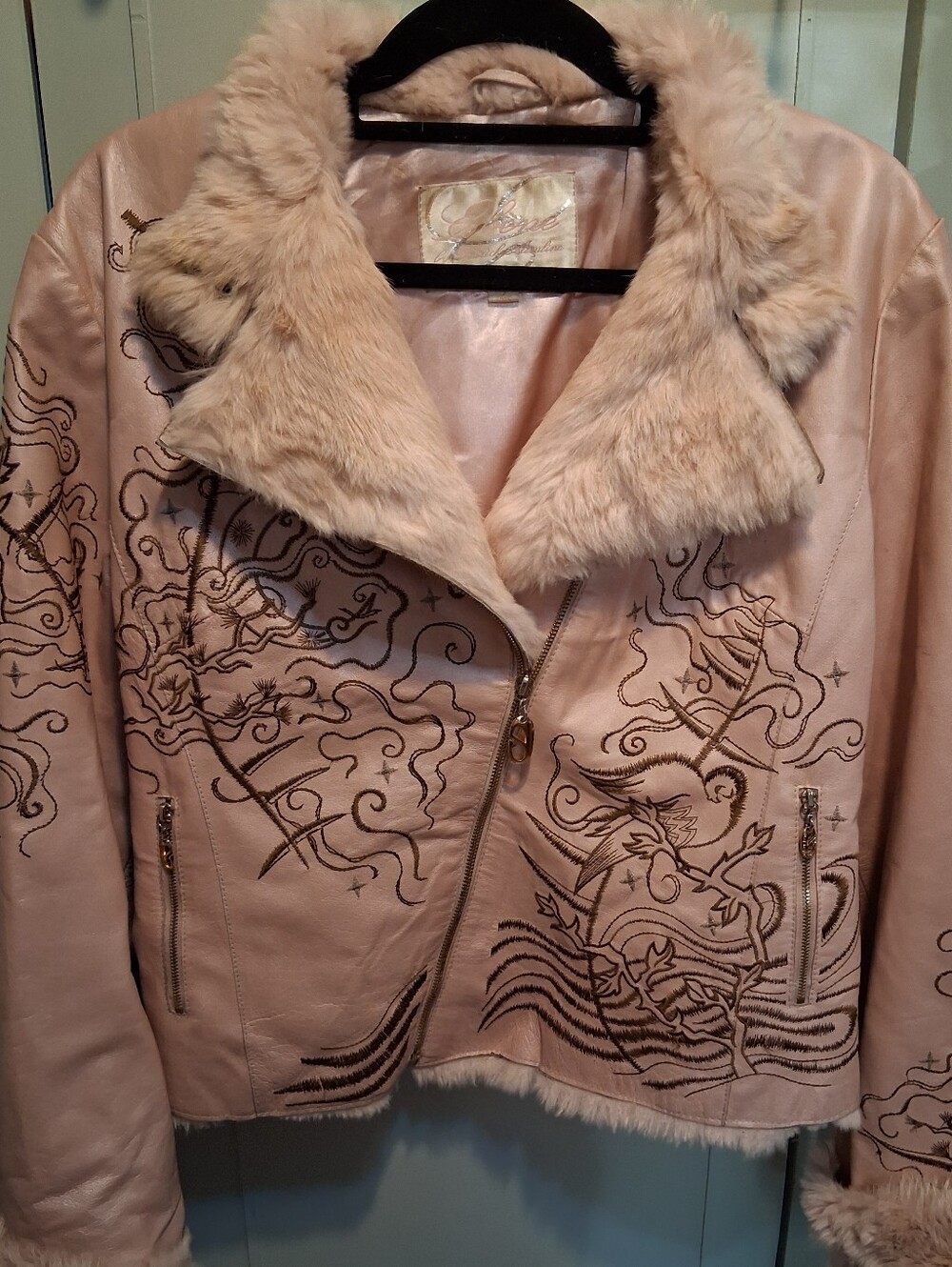 Rare Pink Ebène By Patrick Assuline Leather & Fur Jacket embroidered